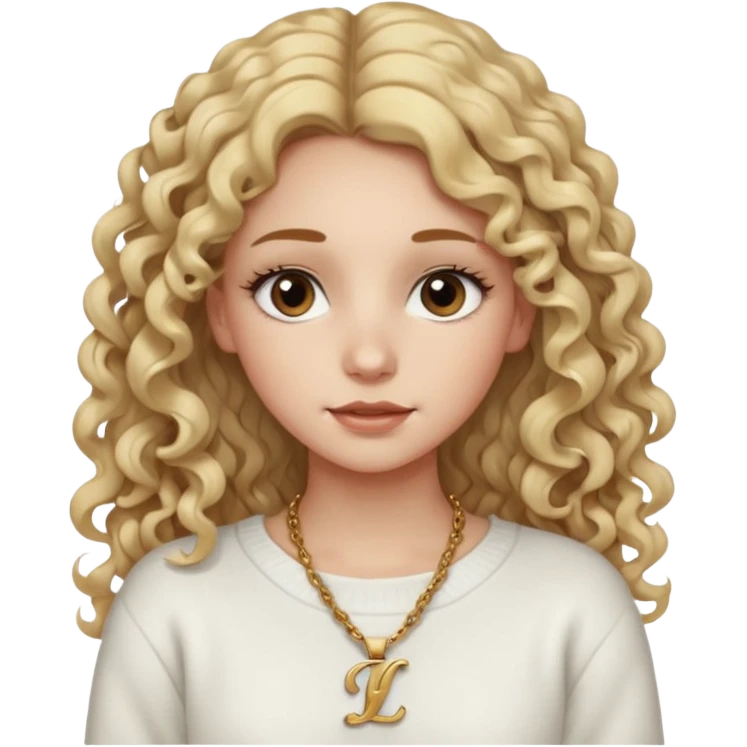 a dirty blonde girl with brown eyes and make her wearing a white sweater and a smallnecklace with I intial with really long curly hair and white skin color, long hair and really big lashes emoji