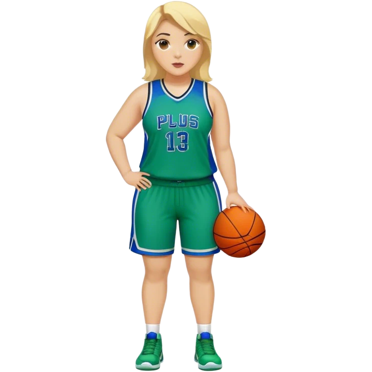 Full Body white plus size Girl coach playing basketball with blonde hair in blue and green uniform emoji