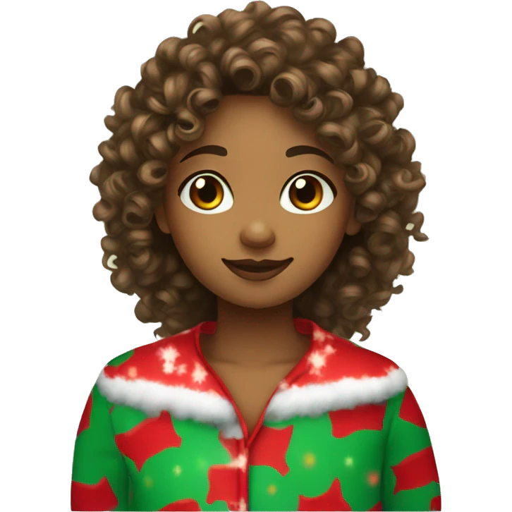 curly haired girl using christmas pajamas emoji
