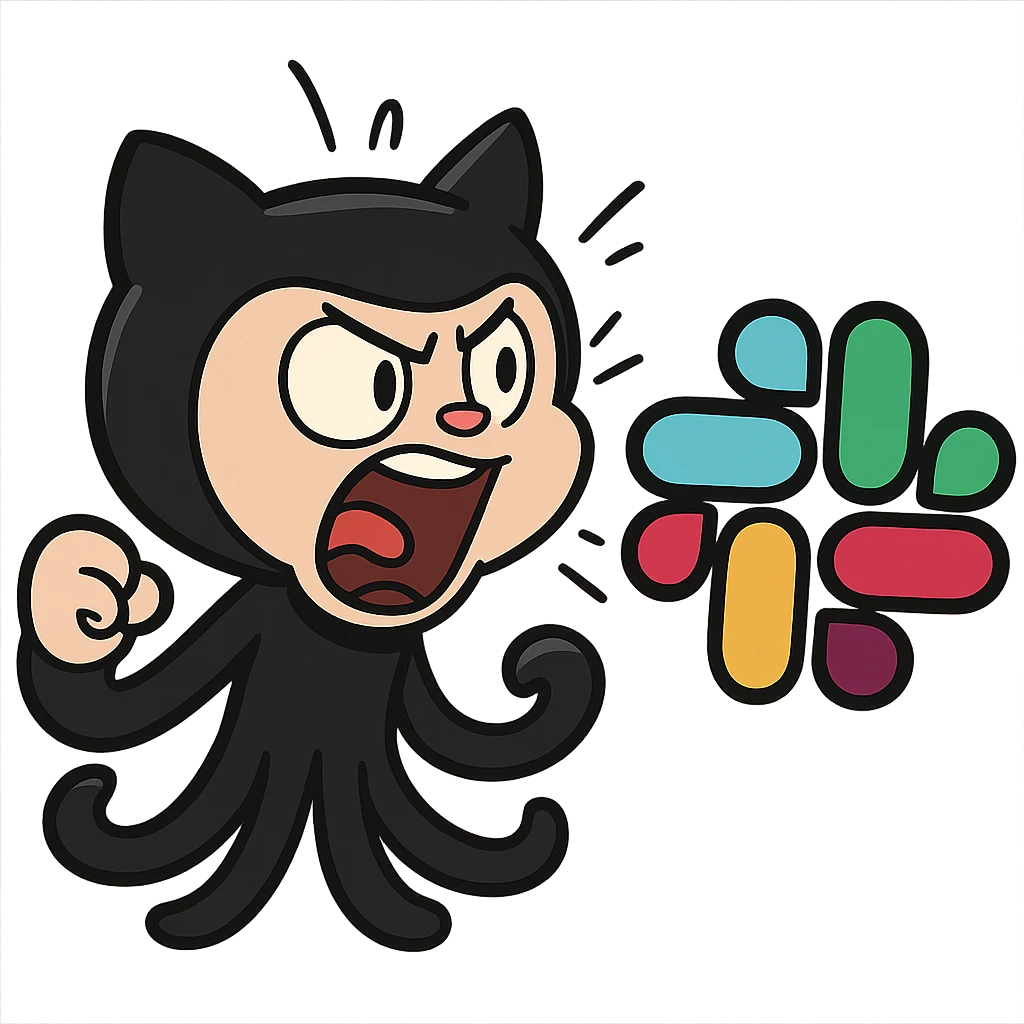 Github Octocat character shouting at the Slack logo, playful and expressive, fun tech sticker, cartoon style, energetic, humorous, dynamic, lively, exaggerated expression, tech mascot crossover emoji