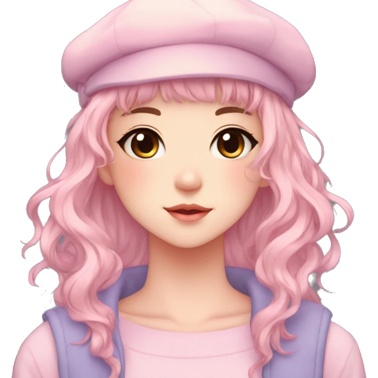 Gorgeous pastel anime girl with blushing face and hair garnitures and pretty hair and a beret aesthetic trending style emoji