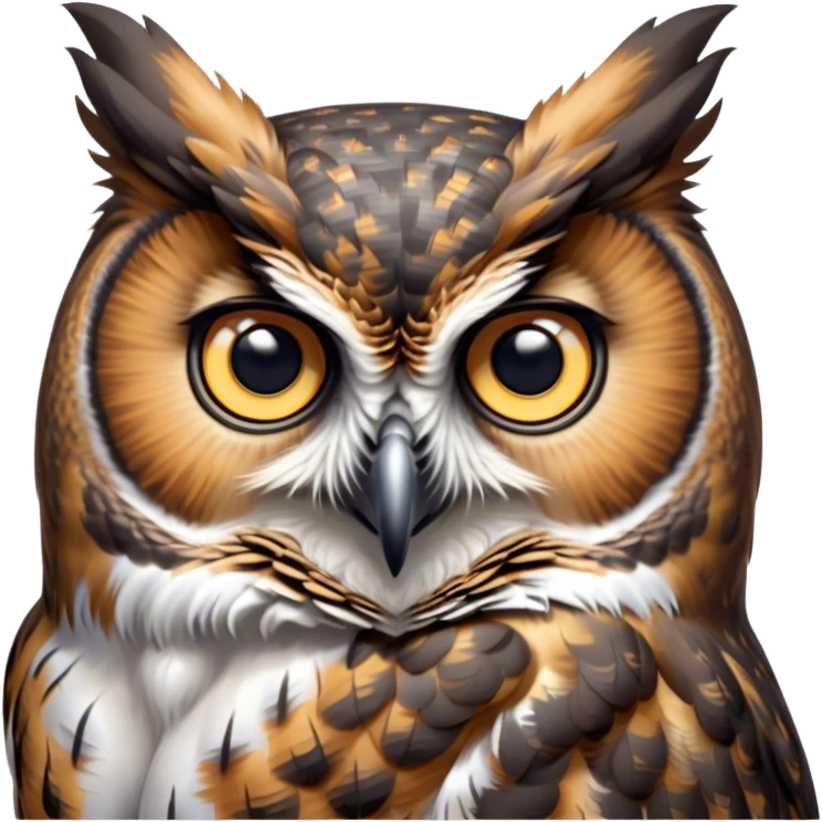 Cinematic Cute Great Horned Owl Portrait Emoji, Head tilted playfully and inquisitively, featuring a lush mottled Fur with intricate patterns of gray and white, round, sparkling golden eyes filled with curious wonder, Simplified yet irresistibly adorable features, highly detailed, glowing with a warm, friendly glow, high shine, affectionate and wise, stylized with a touch of nocturnal whimsy, bright and endearing, soft glowing outline, capturing the essence of a mischievous yet loving owl, so playful it feels like it could glide out of the screen and perch in your arms! emoji
