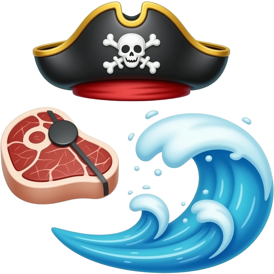 3 separate 3D anime-style icons: (pirate hat), (meat steak), (ocean wave), each icon isolated, equal size, evenly spaced, no overlap, arranged in a horizontal row, clean white background, vibrant colors, soft lighting, glossy material, consistent style, high quality, 4K emoji