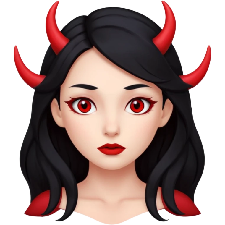 лицо девушки с скулами, с красной кожей, длинные черные волосы, небольшие красные рожки и красные глаза emoji