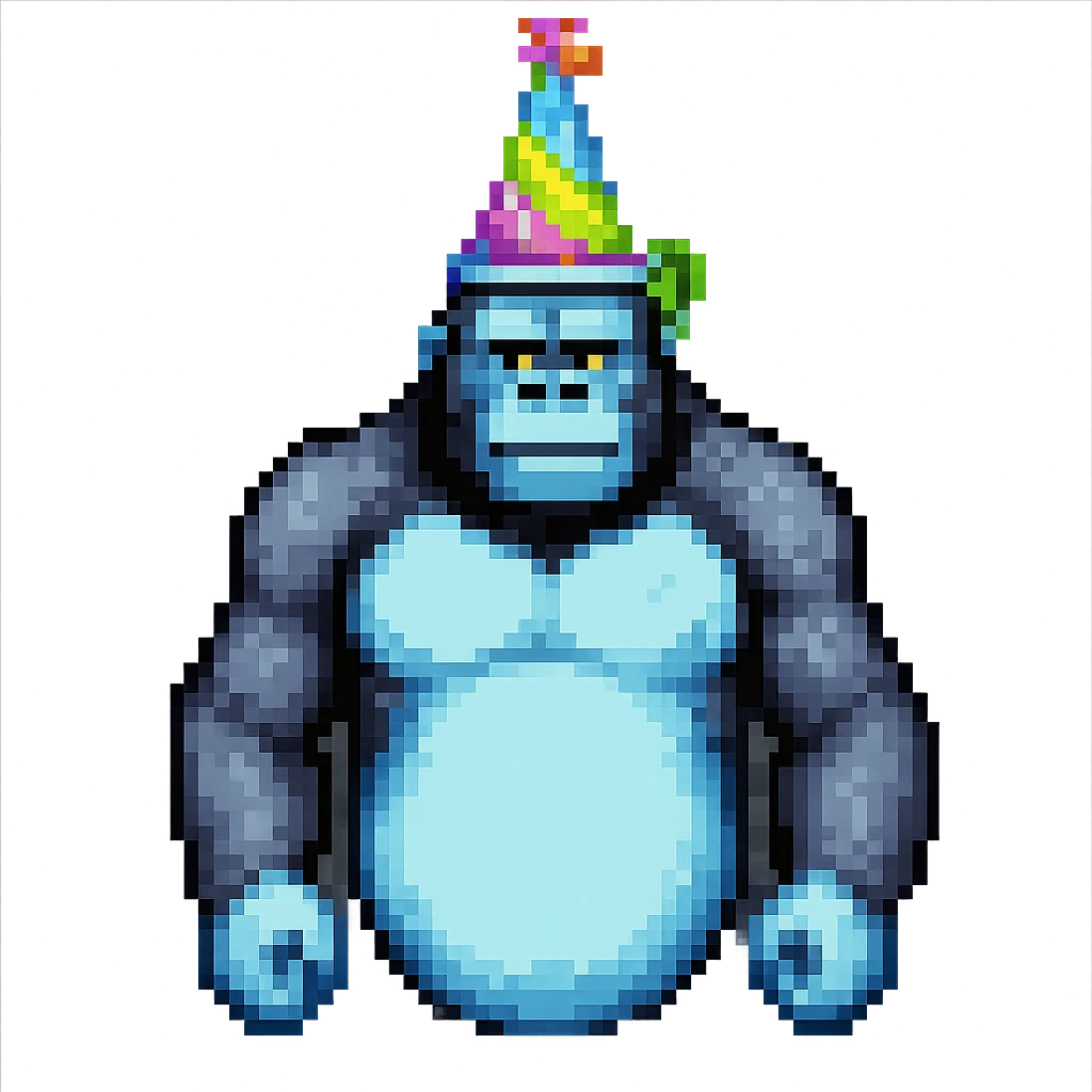 Make sure the cyan gorilla with a party hat has no legs, keep the background transparent. Maintain the original style and details of the image. emoji