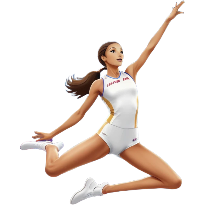 An icon featuring a female high jumper in mid-air, gracefully clearing a bar on a track. She wears a white athletic uniform and appears focused, with the background showcasing a vibrant stadium with cheering spectators and bright lights. Transparent background highlights the elegance  emoji