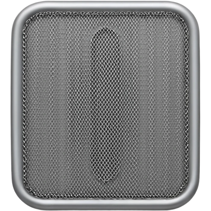 3D render of Speaker Grille, made of interlocking chainmail metal rings, wire mesh texture, visible holes and negative space, metallic silver and grey, high contrast shadows, emoji style, isolated on white background --v 6.0. emoji