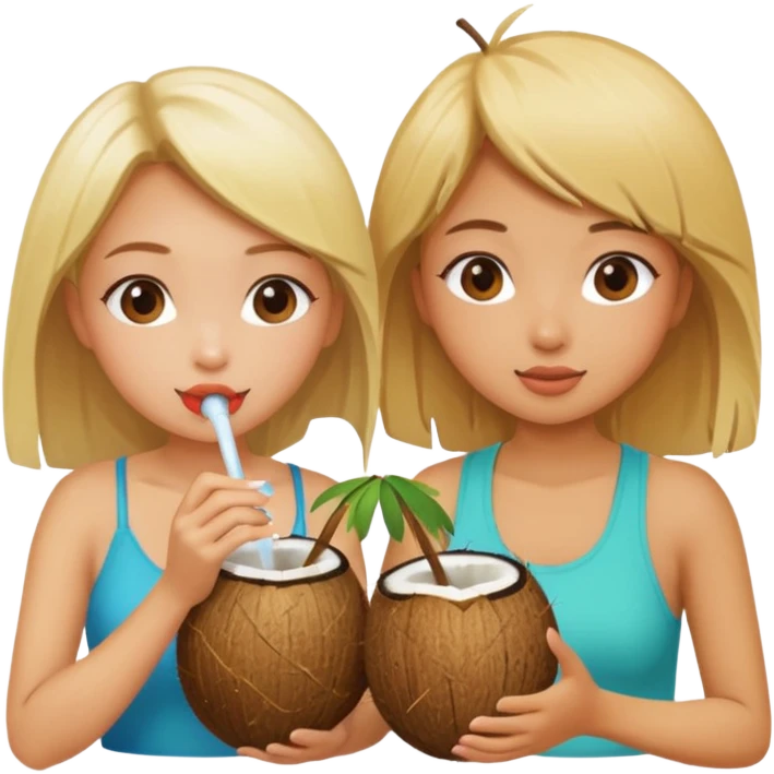 Two girls drinking out of a coconut one is Asian the other one is blonde  emoji