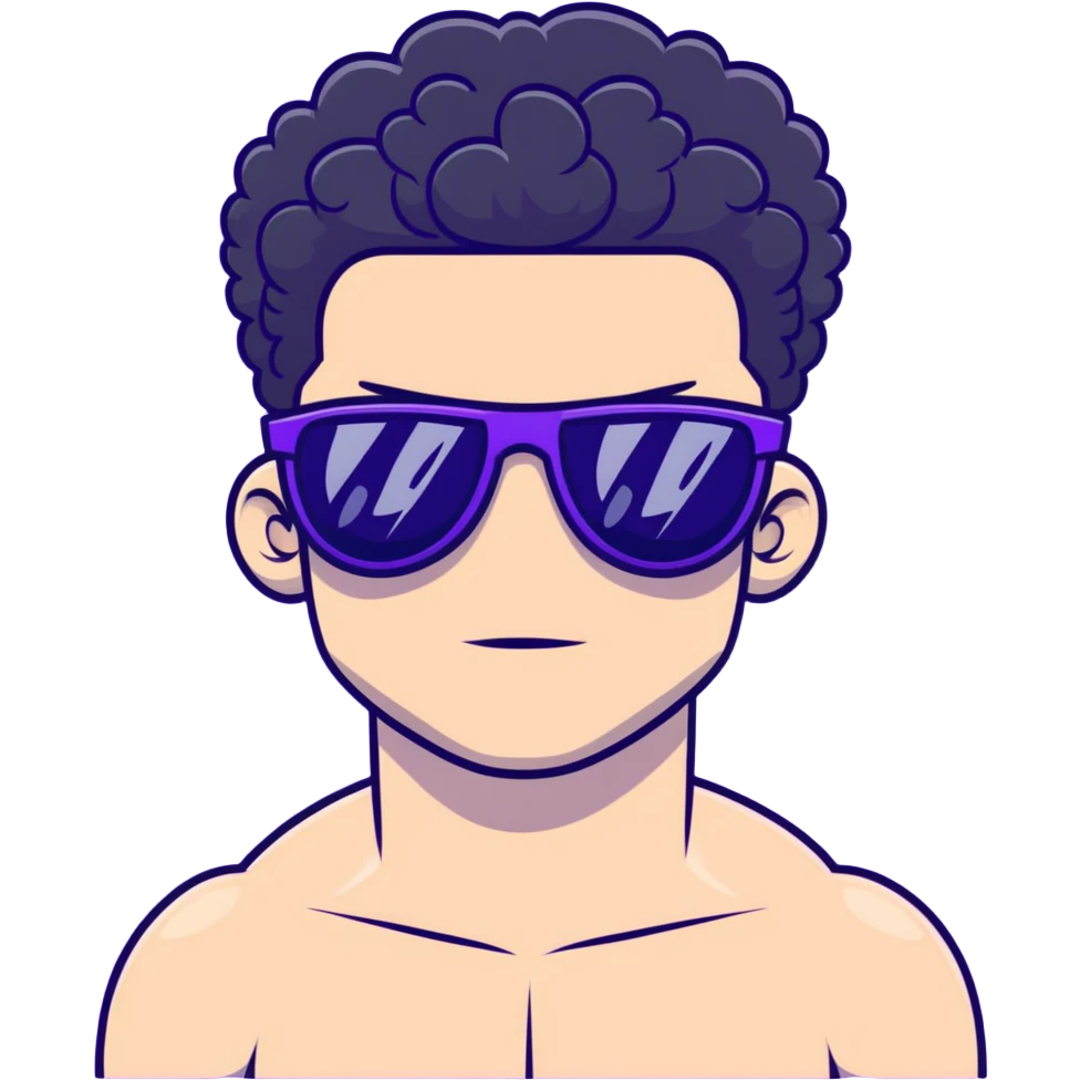 shirtless male athlete with white skin and moderately curly black hair on top with shaved sides, wearing purple sunglasses with black tinted lenses emoji