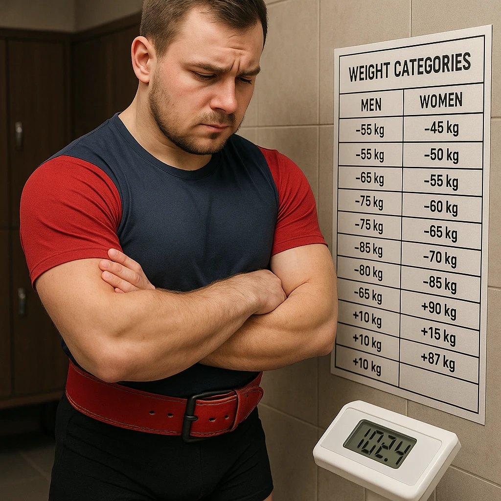 European powerlifter weighing on a digital scale, looking at the display and a weight category chart next to it, thoughtful expression, sportswear, realistic details, locker room background emoji