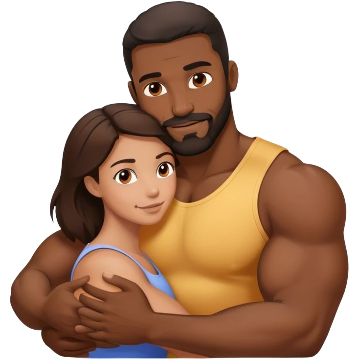 Black man with facial hair and muscles hug small pretty brunette woman emoji
