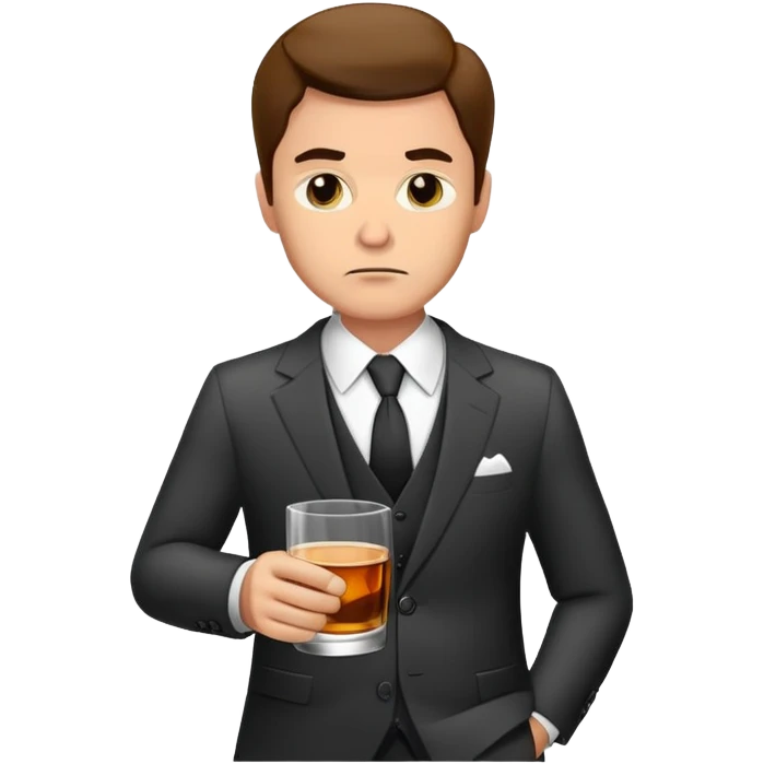 businessman in suit holding a glass of whiskey, looking tired emoji