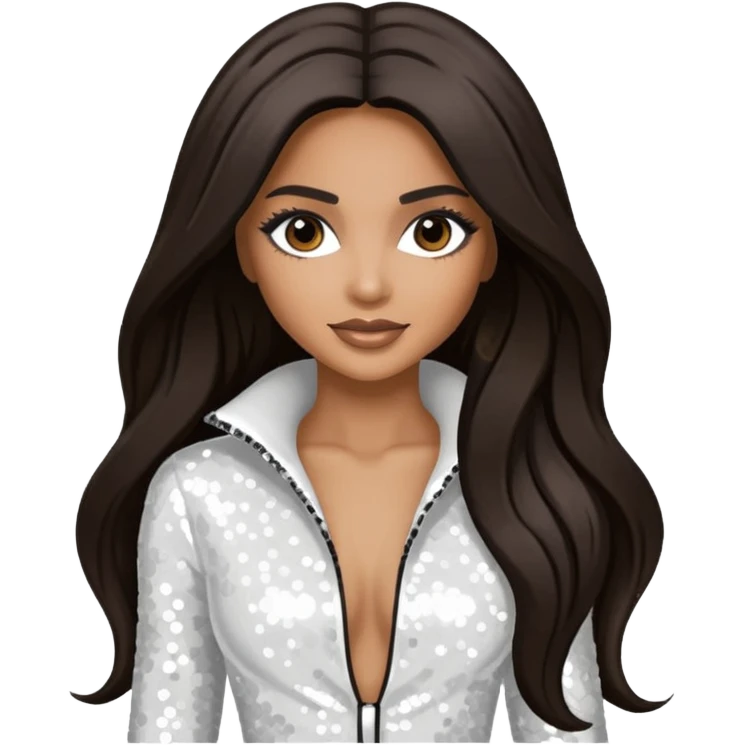Ciara with long dark brown hair, white sequin outfit emoji