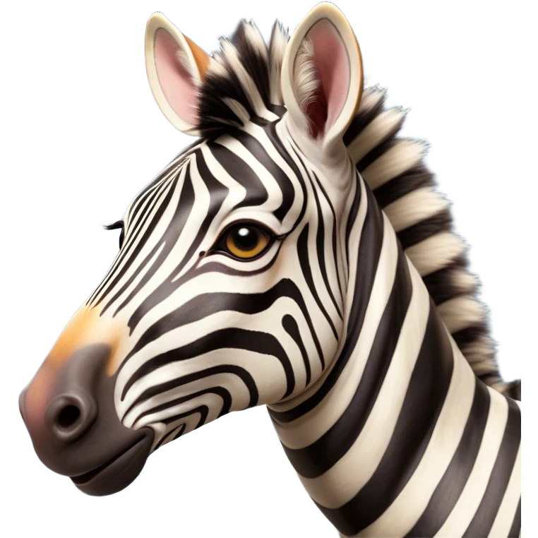 Cinematic Comical Zebra Portrait Emoji, Head tilted dramatically with an exaggeratedly amused expression, featuring a striking, glossy striped fur with bold contrasts, a refined, equine head with a long snout and alert ears, and wide, expressive eyes filled with playful disbelief, Simplified yet hilariously expressive features, highly detailed, glowing with a slightly sassy glow, high shine, dramatic yet playful, stylized with an air of cheeky savannah mischief, bright and endearing, soft glowing outline, capturing the essence of a spirited and over-the-top zebra that feels like it could prance its way into internet fame instantly! emoji