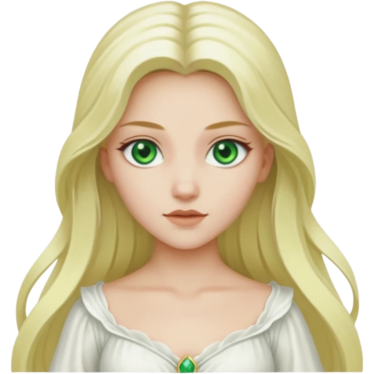 Desdemona from Otello with white skin, green eyes, long blonde hair, white outfit emoji