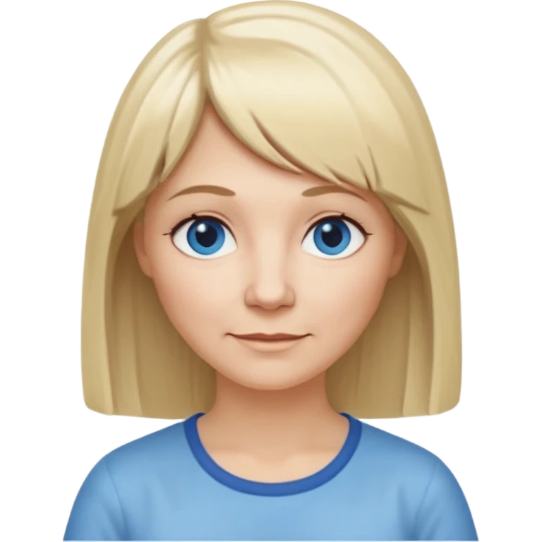 50 yr old white woman, hippie part short bangs, very long straight blond hair, oval face, small smile, blue eyes, thin face, hair downback, hair parted at center of head, round cheeks, pale, longer hair, white shirt emoji
