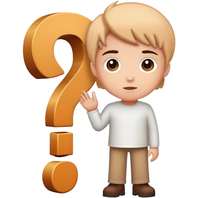 young character standing with a small help icon or question mark above their shoulder emoji