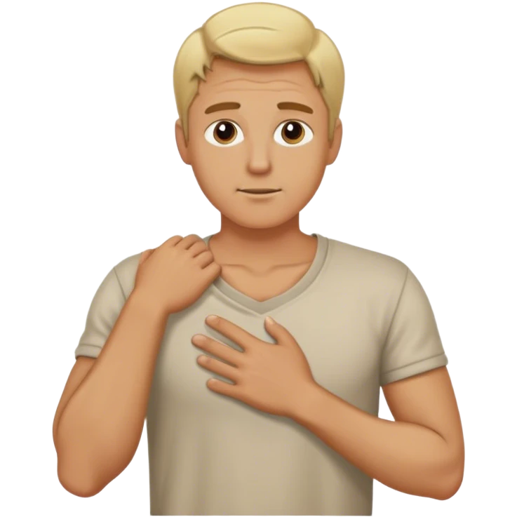 a blonde man put his one hand to the left of his chest and he wears daily outfits emoji