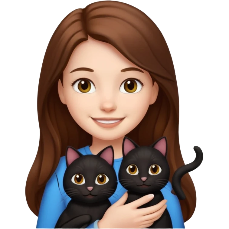 cute white girl with long brown hair, smiling, holding two black cats, emoji style emoji