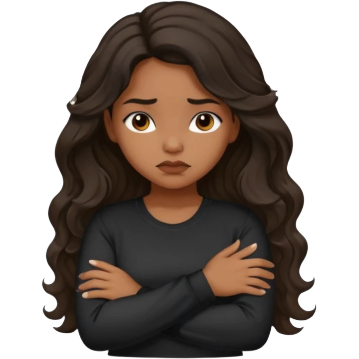 Hispanic girl with dark long wavy hair crossing her arms while pouting and wearing a black long sleeve shirt emoji