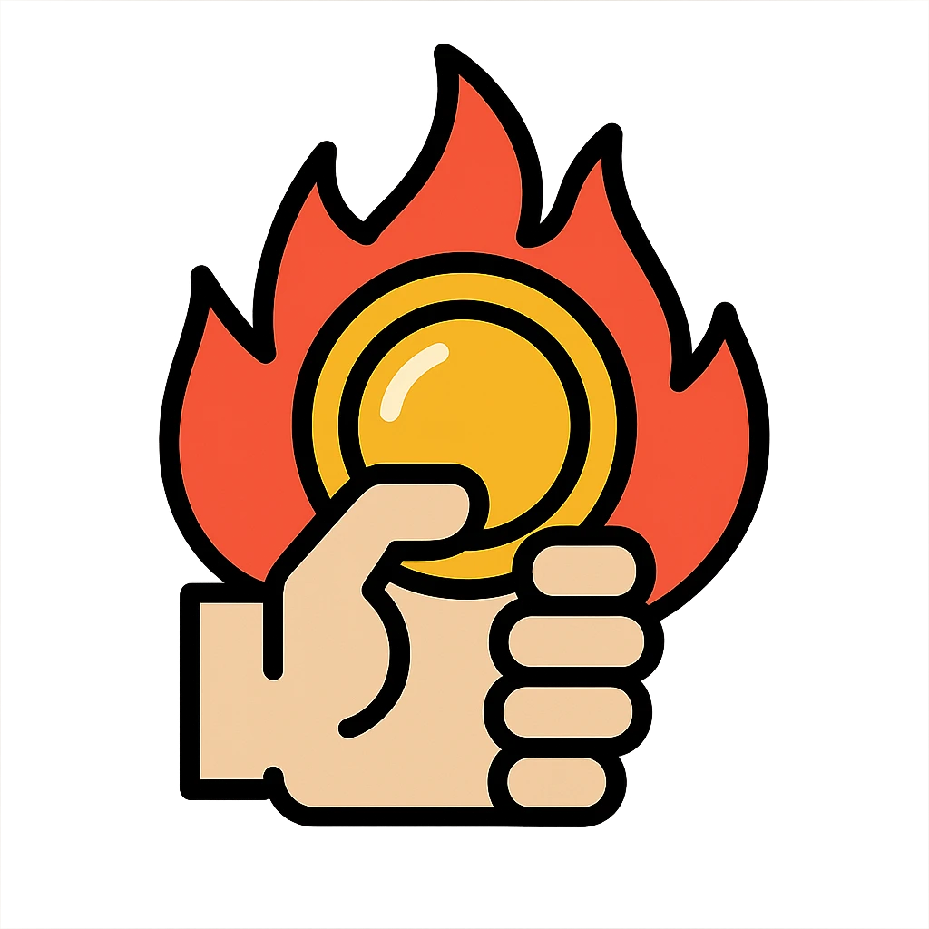 hand gripping a shiny coin, surrounded by flames, colorful icon with black outlines emoji