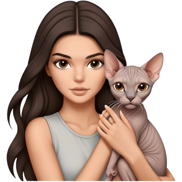 brunette Kendall Jenner with long hair holding on the hands grey Sphynx emoji