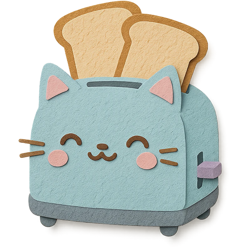 chibi toaster with cat features, two toast slices popping out, sweet smile, soft pastel colors, full-body emoji