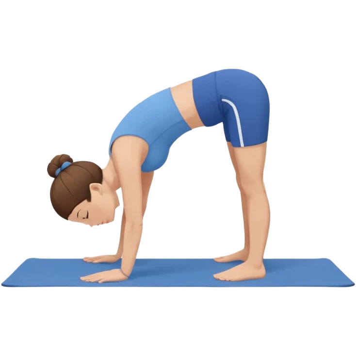 Minimalist flat vector illustration of a woman doing yoga in forward fold pose (Uttanasana), wearing sportswear (blue top and blue shorts), brown hair in a bun, clean white background, no face details, elegant style emoji