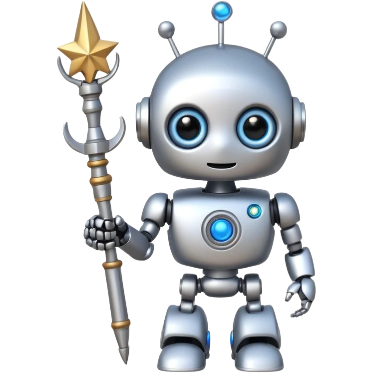 A cute robot is holding a magic wand emoji
