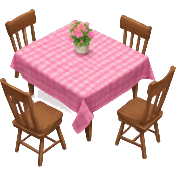 Wood table and chairs with a pink table cloth emoji