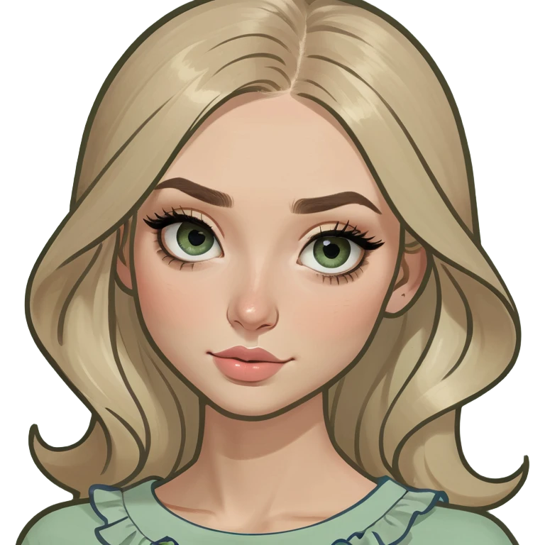Emoji girl with small close-set blue eyes and eyeliner, long and straight eyebrows, long round nose, wide not full lips, long oval face shape, long blonde hair in cute ruffle beige top emoji