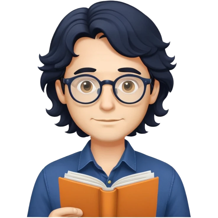 Man with longer wavy black hair, round glasses, dark blue buttoned shirt, holding program booklet for a play emoji