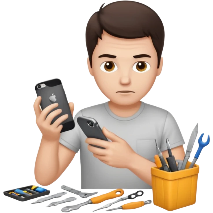make a white guy with dark brown hair, with a simple white o grey shirt, repairing an iphone, un tecnico emoji