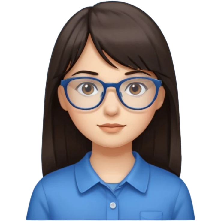 Girl with long dark brown hair and straight bangs is wearing  glasses and a blue shirt  emoji