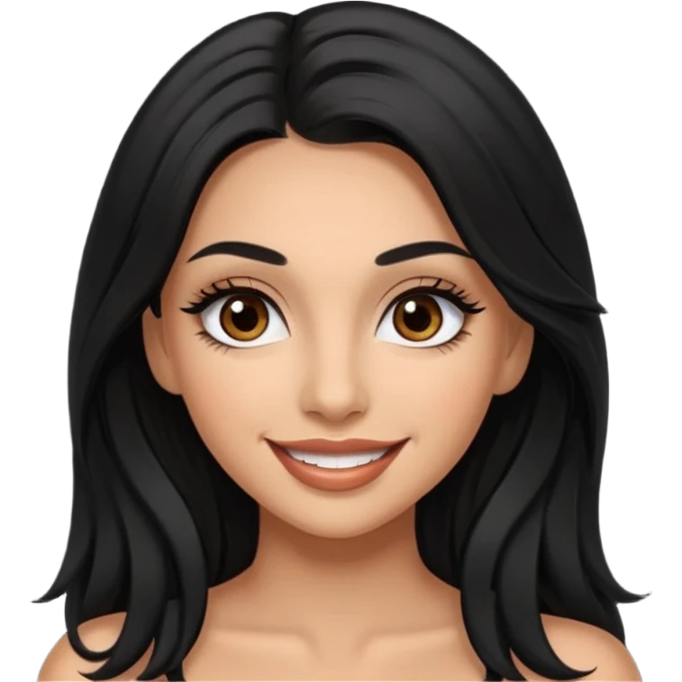 Lightly tan woman with black long hair brown eyes full lips smiling and dramatic long dark eyelash extensions emoji