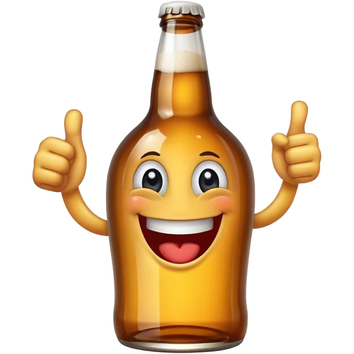 A beer bottle with a big smile and expressive eyes giving a thumbs-up emoji