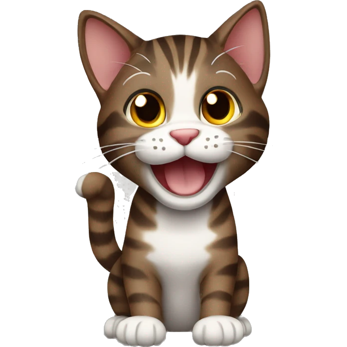 smiling dark brown tabby cat waving paw emoji