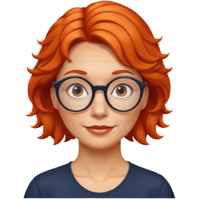 Norwegian woman, middle-aged, red-orange wavy hair tied to the left, large round glasses, friendly look emoji