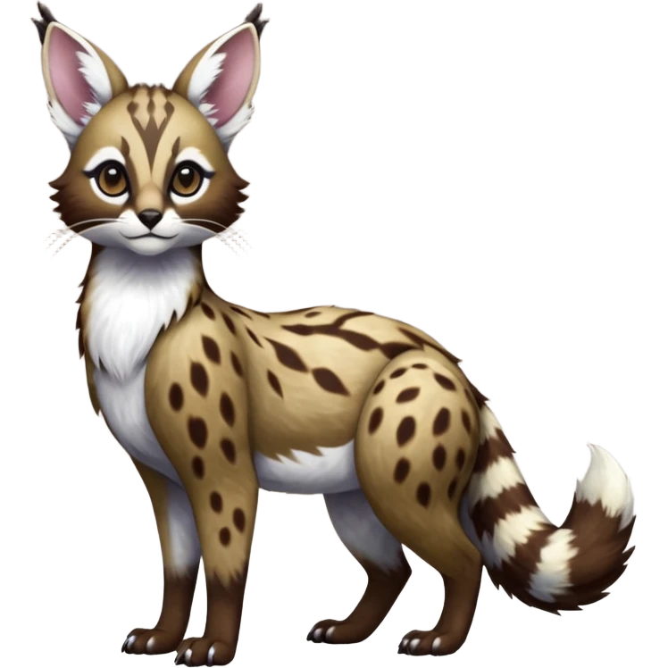 Colorful dark realistic chocolate-brown tropical beige fur glorious divine exotic cute cool beautiful shiny beautiful fantasy-Furret-Eevee-caracal-civet-genet-sergal-vernid-Cacomistle-oncilla-animal-Fakémon-hybrid-fursona with white deer-spots pattern markings (full body) emoji