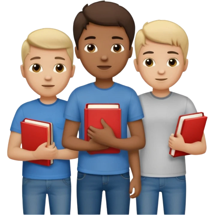 generate a group of 3 boys, all different looking.Holding books. one of them calling on a mobile emoji