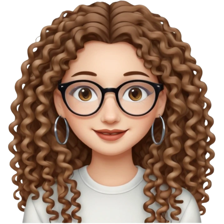 cute whilte girl with not volominous VERY LONG curly hair with balayage, brown eyes, full lips, natural clean girl makeup and hoop earrings and glasses emoji