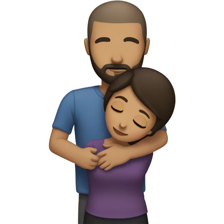 Comforting hug from tall, brunette, Puerto Rican woman to shorter bald male with beard emoji