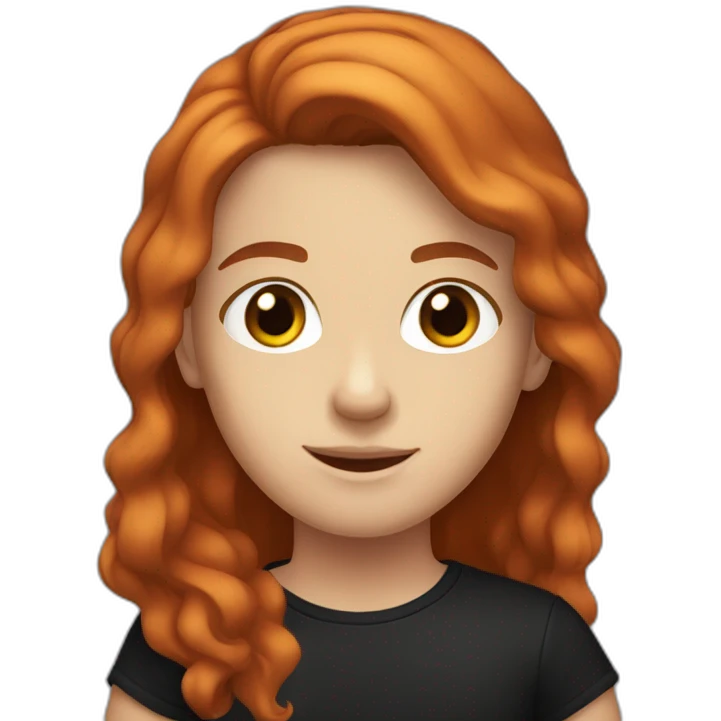 A white teenager with big brown eyes and middle-parted red hair, wearing a black T-shirt. emoji