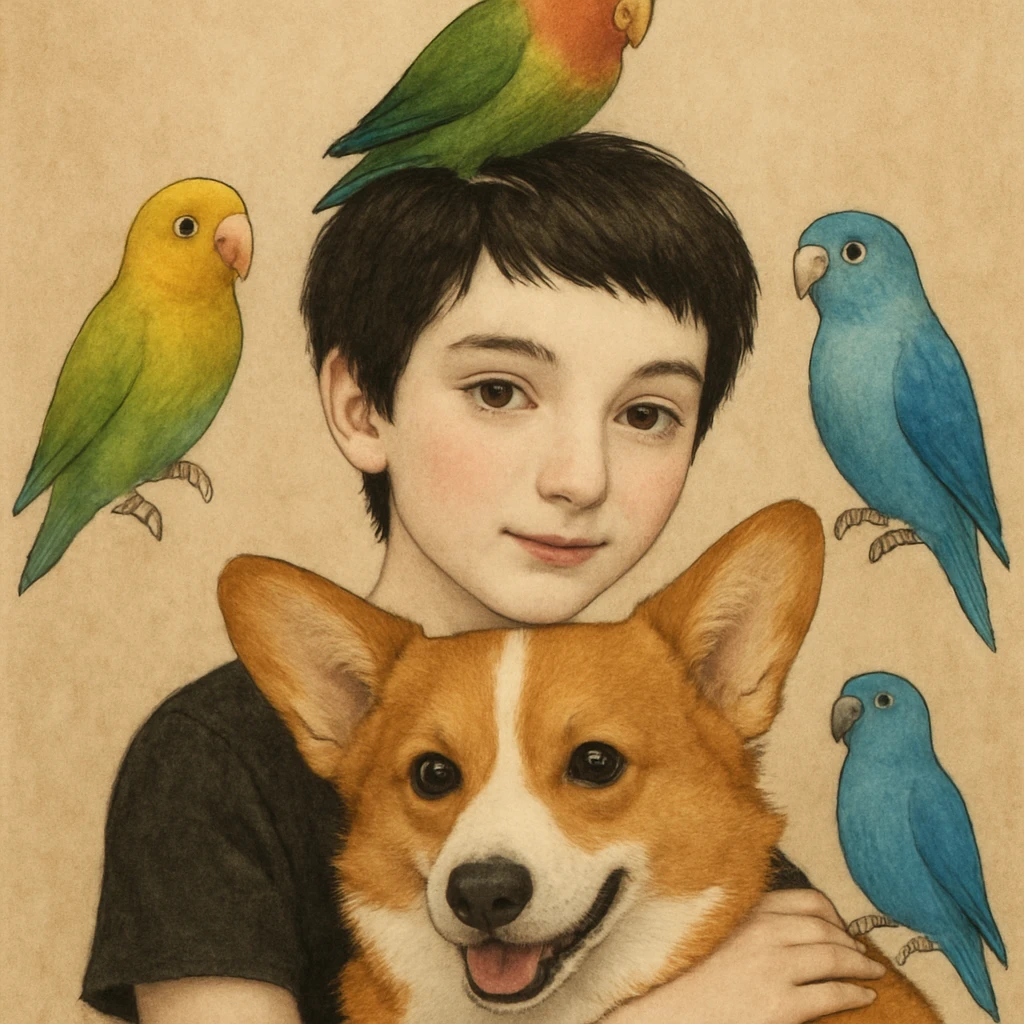 Dark short hair, dark brown eyes with pale skin and thin eyebrows girl hugging a welsh corgi. And a green-reddish lovebird on her head with yellow, blue love birds around her. emoji