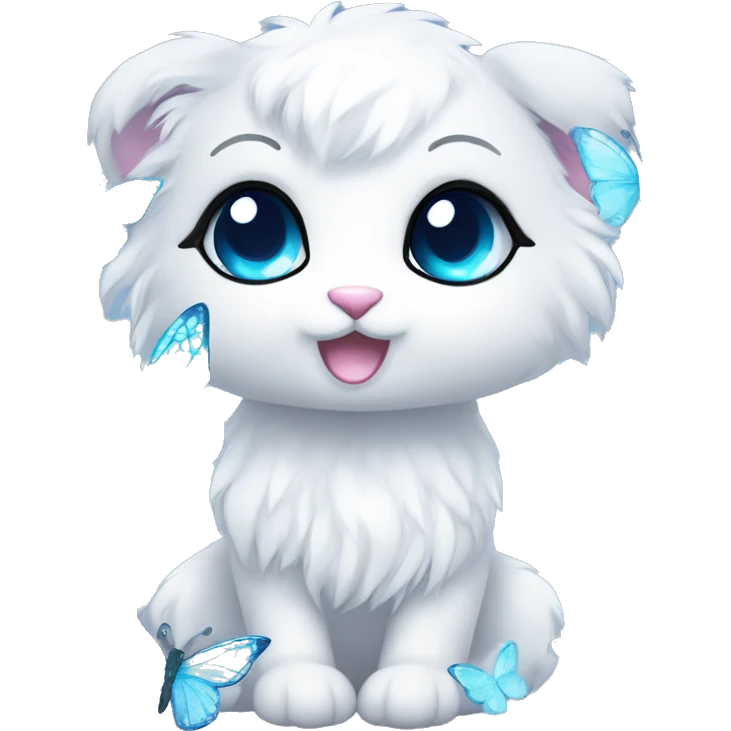Edgy Cute Cool Kawaii gorgeous sparkly ethereal white fantasy animal with blue eyes sona with flowers and butterflies emoji