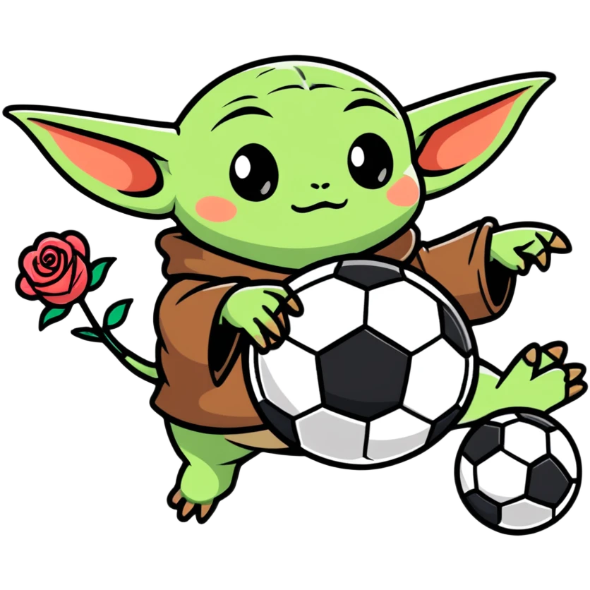 baby yoda kicking a soccer ball with small roses beside him emoji