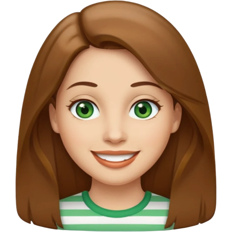 Adult woman avatar, light skin tone, oval face, straight long brown hair, green eyes, neutral mouth, seersucker emoji