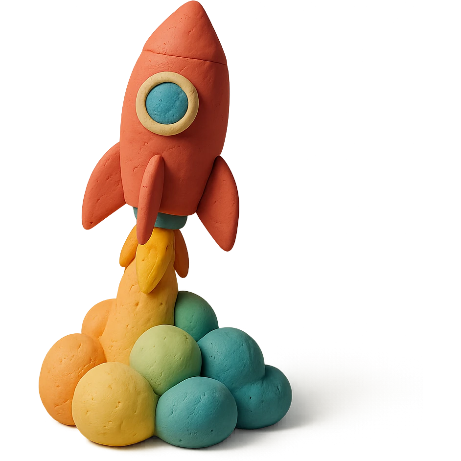 rocket ship blasting off with colorful smoke, matte finish, pastel colors, visible fingerprints, claymation style emoji