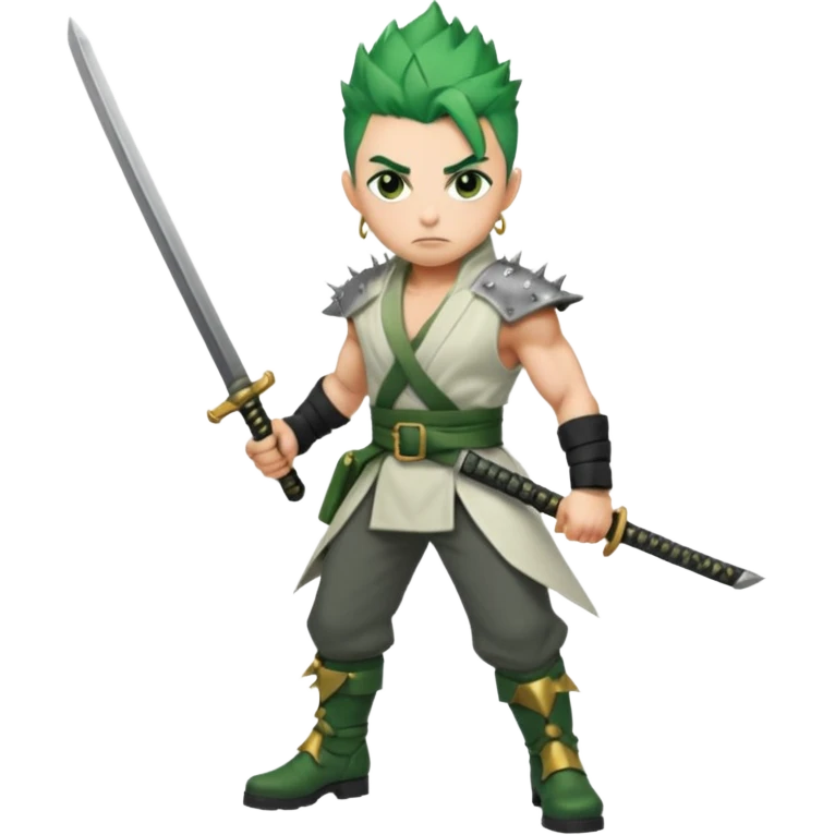 Muscular scarred warrior, short spiky moss-green hair, sharp steel-grey eyes, strong jaw, serious stare. Black trousers, boots, green sash with three katanas, open white coat, three gold earrings. Cinematic, ultra-realistic. (Roronoa Zoro) emoji