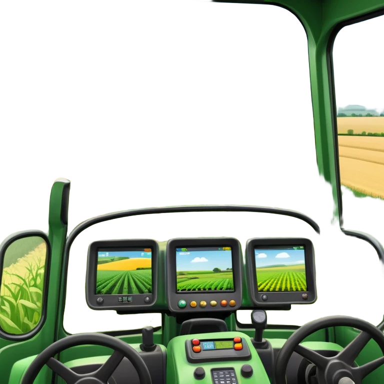 a view from the tractor cabin, with the dashboard in focus, overlooking a vibrant rural landscape. Inspired by Farming Simulator 22, the scene includes fields, crops, and distant barns under a bright sky. The design highlights the immersive experience of farm management. transparent background emoji